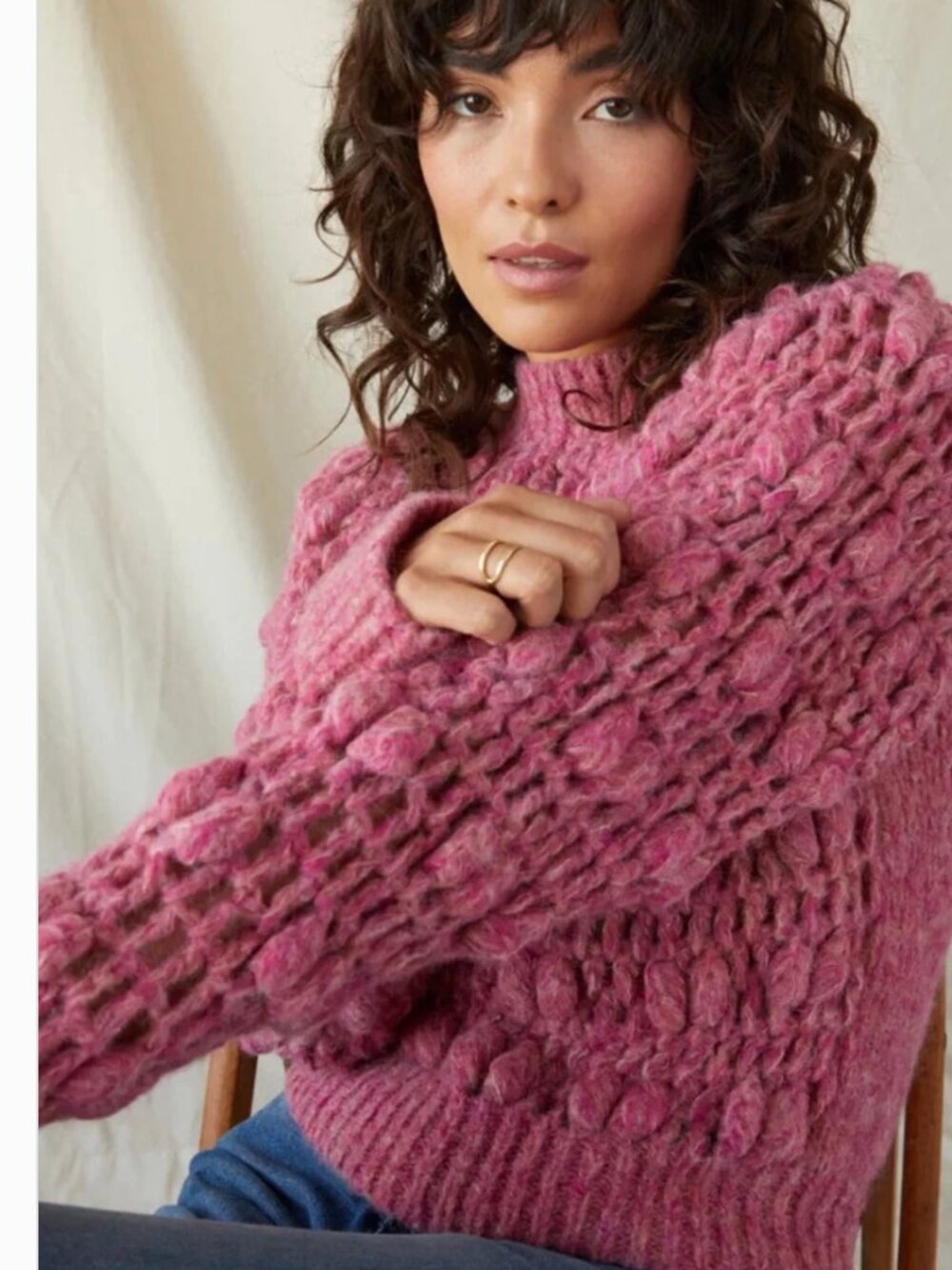 AMO Denim Jane Raglan Crochet Knit Sweater Luminous Pink Medium